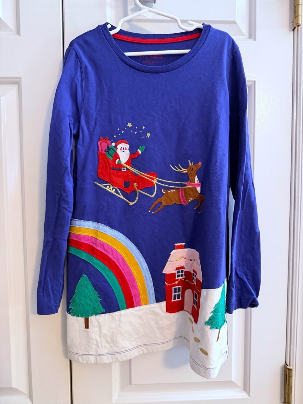 Mini Boden Festive Applique Tunic Dress Dress Santa and Rainbow, size 7-8 years